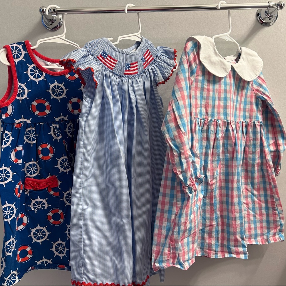 Set of Three Girls' Stitchy Fish Dresses size 4T with Nautical and Plaid Designs
